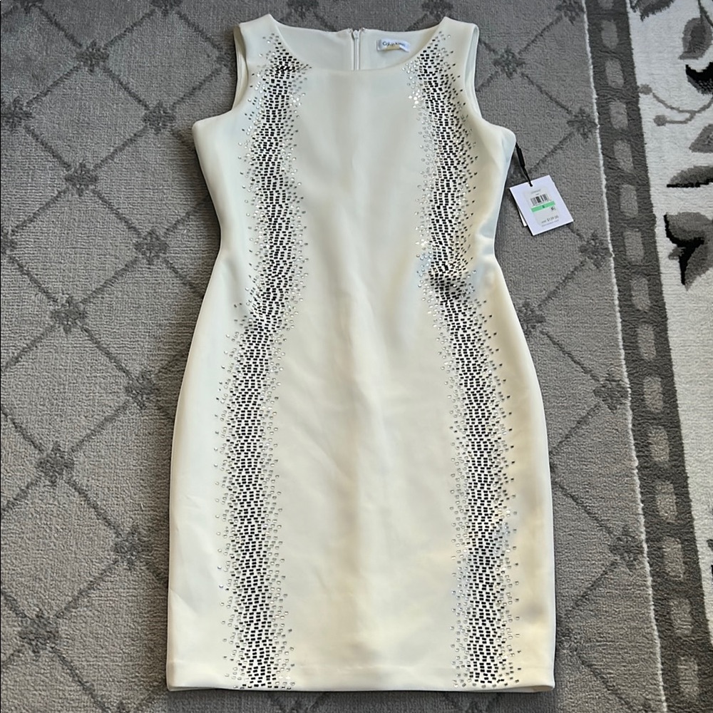 Calvin Klein Cream Sequin scuba Midi Dress
